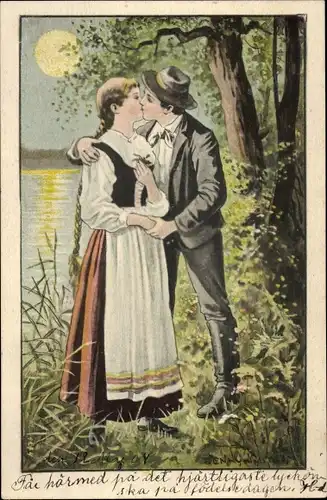 Künstler Litho Nyström, J., Liebespaar, Kuss, Frau in Tracht