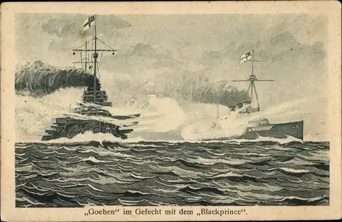 Künstler Ak Deutsches Kriegsschiff, Goeben im Gefecht mit dem Blackprince, I WK