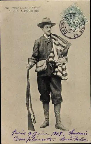 Ak König Alfons XIII von Spanien, Portrait mit Gewehr