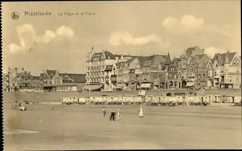 Ak Middelkerke Westflandern, La Plage, la Digue, Strandkabinen