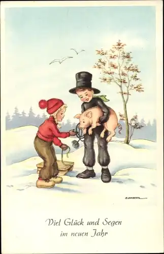 Künstler Ak Glückwunsch Neujahr, Kind, Schornsteinfeger, Schwein