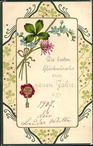 Präge Litho Glückwunsch Neujahr, Glücksklee, Siegel, Vergissmeinnicht