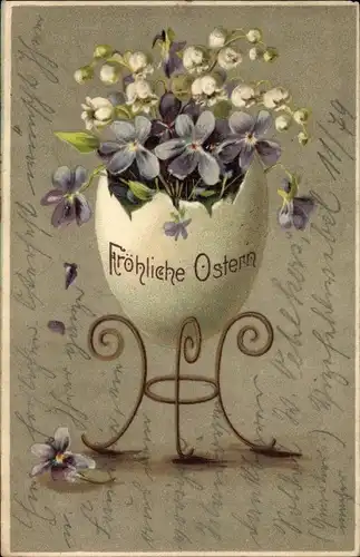 Präge Ak Glückwunsch Ostern, Osterei, Veilchen, Maiglöckchen