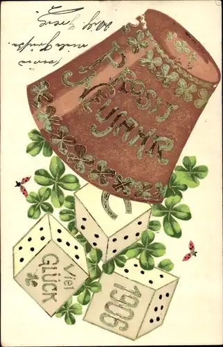 Präge Ak Glückwunsch Neujahr 1906, Würfel, Hufeisen, Glücksklee