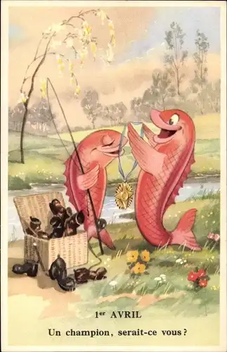 Ak 1. April, Vermenschlichte Fische, Siegerehrung, geangelte Schuhe