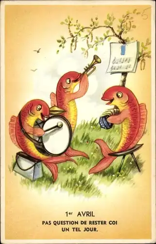 Ak 1. April, Vermenschlichte Fische mit Musikinstrumenten