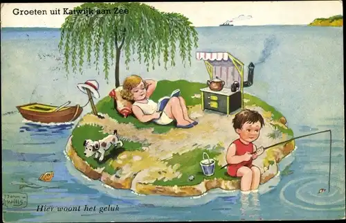 Künstler Ak Wills, John, Katwijk aan Zee Südholland Niederlande, Kinder auf einer Insel, Angler