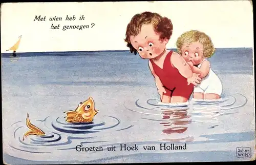 Künstler Ak Wills, John, Hoek van Holland Rotterdam Südholland Niederlande, Kinder im Wasser, Fisch