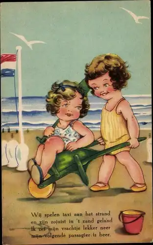 Ak Mädchen am Strand, Schubkarre