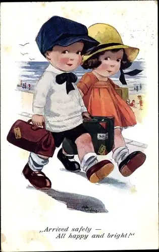 Künstler Ak Reisende sind glücklich angekommen, Kinder, Koffer
