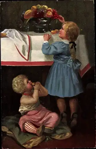 Künstler Ak Kinder essen Obst, Obstschale