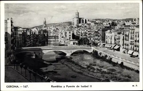 Ak Gerona Girona Katalonien, Ramblas, Isabel-II-Brücke