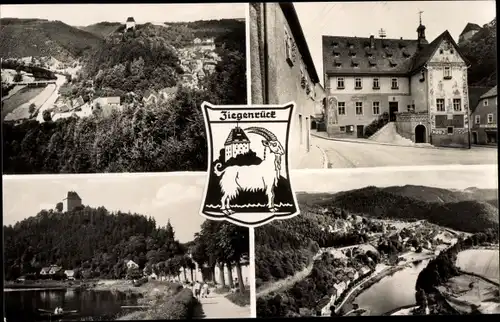 Ak Ziegenrück an der Saale Thüringen, Wappen, Schloss, Panorama