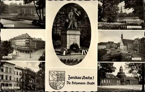 Ak Zwickau in Sachsen, Dom, Schwanenteich, Robert-Schumann-Denkmal, Hauptmarkt, Museum, Wappen