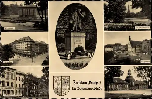 Ak Zwickau in Sachsen, Dom, Schwanenteich, Robert-Schumann-Denkmal, Hauptmarkt, Museum, Wappen