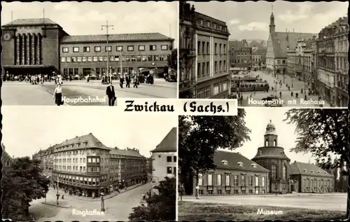 Ak Zwickau Sachsen, Hauptbahnhof, Hauptmarkt mit Rathaus, Ringkaffee, Museum