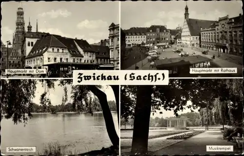 Ak Zwickau Sachsen, Hauptbahnhof, Hauptmarkt mit Rathaus, Ringkaffee, Museum