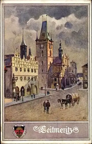 Künstler Ak Litoměřice Leitmeritz Region Aussig, Straßenpartie, Kutsche, Rathausturm