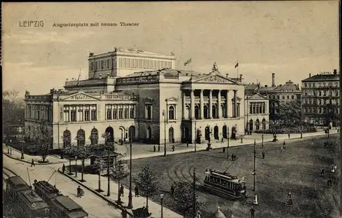 Ak Leipzig in Sachsen, Augustusplatz, neues Theater, Straßenbahn