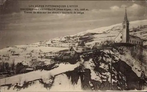 Ak Orcières Hautes Alpes, Spuren von Skiern auf schneebedeckten Feldern