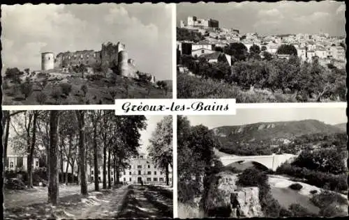 Ak Greoux les Bains Alpes de Haute Provence, Das Schloss, Die Brücke, Gesamtansicht