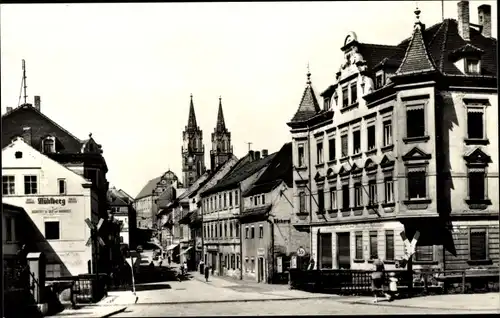 Ak Oschatz in Sachsen, August Bebel Straße, Hotel Mühlberg, Kirche