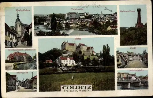 Ak Colditz in Sachsen, Kirchgässchen, Heimats-Turm, Badergasse, Muldenbrücke, Schloss, Zschadrass
