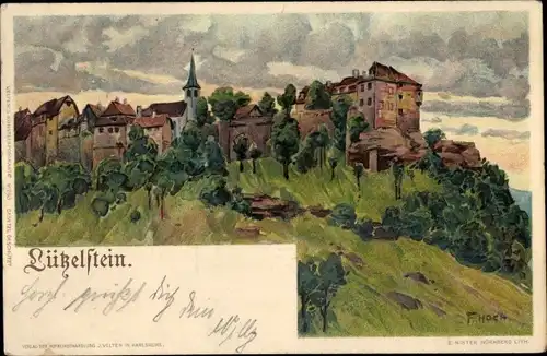 Künstler Litho Hoch, F., La Petite Pierre Lützelstein Elsass Bas Rhin, Kirche, Wohnhäuser