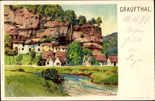 Künstler Litho Medy, F., Graufthal Eschbourg Eschburg Elsass Bas Rhin, Ort, Fluss, Idylle