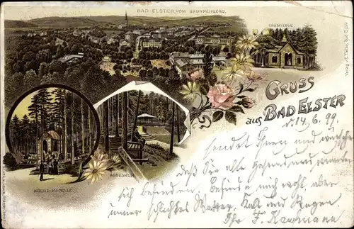 Litho Bad Elster im Vogtland, Panorama vom Brunnenberg, Kreuz Kapelle, Agnesruh, Eremitage