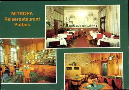 Ak Putbus auf der Insel Rügen, Blick in das Mitropa Reiserestaurant, Speisesaal und Bauernstube