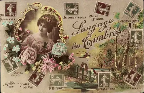 Ak Briefmarkensprache, Portrait einer Frau, Blumen