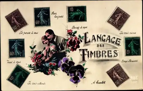 Ak Briefmarkensprache, Liebespaar, Blumen