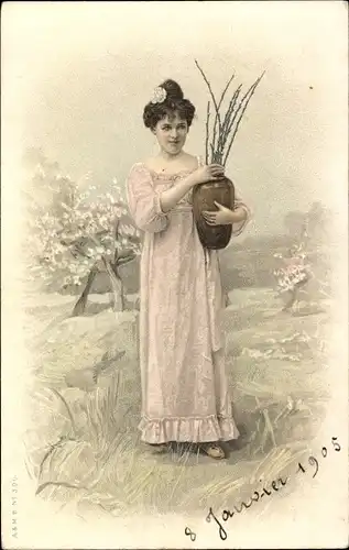Künstler Ak Frau mit einer Blumenvase, Weidenkätzchen