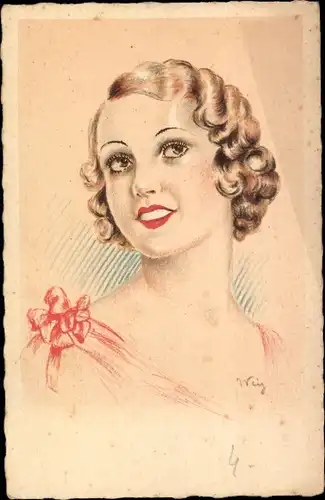 Künstler Ak Portrait einer lachenden jungen Frau mit Locken