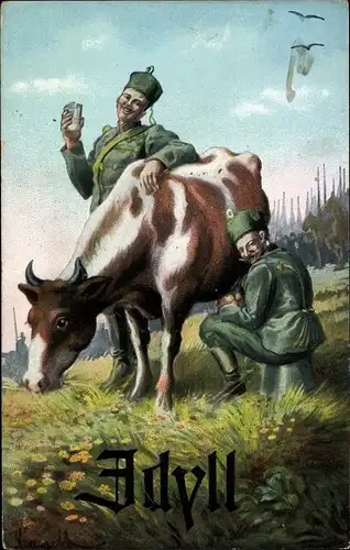 Künstler Ak Idyll, Soldaten melken eine Kuh