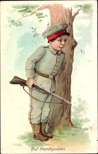 Litho Auf Horchposten, Junge in Uniform