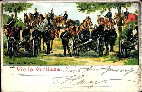 Litho Viele Grüße, Deutsche Artillerie, Soldaten, Geschütze