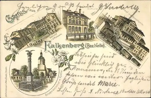 Vorläufer Litho Falkenberg an der Elster, Bahnhof, Schule, Kriegerdenkmal, Kirche