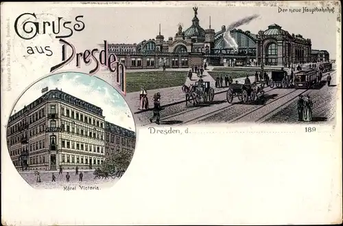 Litho Dresden Altstadt Seevorstadt, Hauptbahnhof, Hotel Victoria