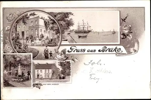 Litho Brake an der Unterweser in Oldenburg, Segelschiff, Gasthaus