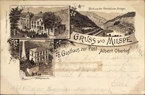 Vorläufer Litho Milspe Ennepetal am Ruhrgebiet, Gasthaus zur Post, Amtsgebäude, Panorama