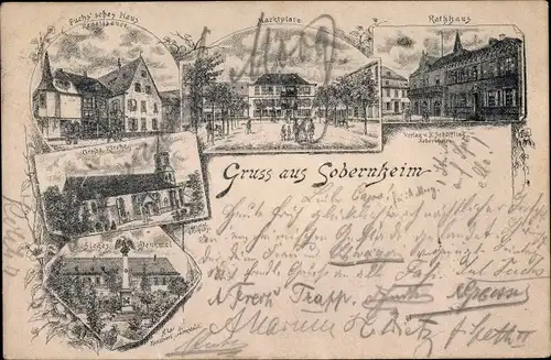 Vorläufer Litho Bad Sobernheim an der Nahe, Fuchs'sches Haus, Marktplatz, Rathaus, Kirche, Denkmal