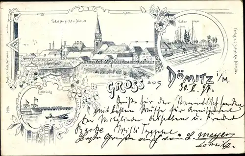 Litho Dömitz an der Elbe Mecklenburg, Gesamtansicht, Elbbrücke, Hafen