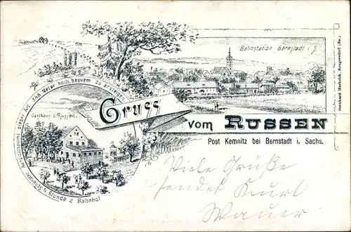 Vorläufer Litho Russen Bernstadt auf dem Eigen Sachsen, Gasthaus zum Russen, Bahnstation Bernstadt