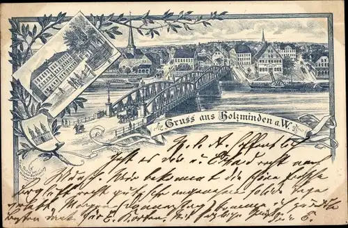 Vorläufer Litho Holzminden an der Weser, Stadtansicht, Brücke