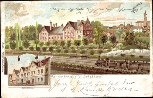 Litho Friedberg in Bayern, Brauerei, Bauernbräukeller, Eisenbahnstrecke