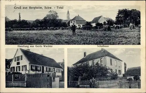 Ak Bergheim Mödingen Schwaben, Gesamtansicht, Geschäftshaus Guido Wachter, Schulhaus