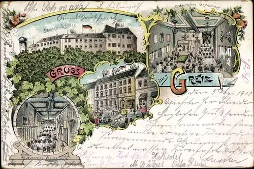 Litho Greiz in Thüringen, Oberes Schloss, Hotel Deutsches Haus, Weinzimmer, Billardtisch