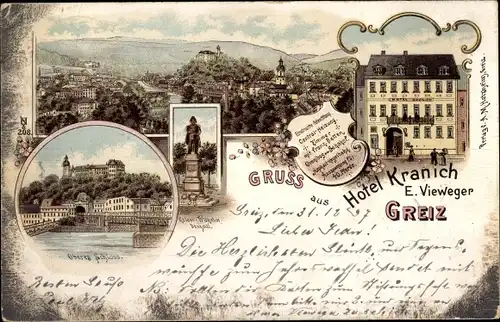 Litho Greiz im Vogtland, Kaiser Wilhelm Denkmal, oberes Schloss, Hotel Kranich